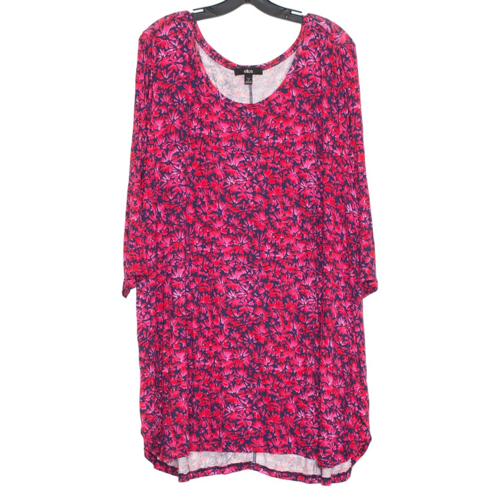 Ellos Tunic Top 3/4 Sleeve Floral Boho Cottage Summer Red Navy Blue Plus Size 1X